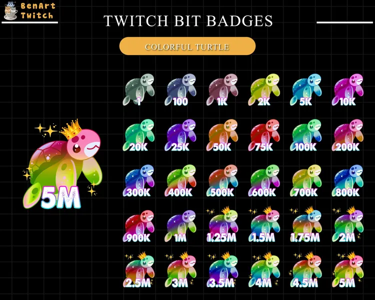 30x Colorful Turtles Twitch Sub Bit Badges, Turtles Sub Badges, Complete Twitch Bit Badges Set for Streamer, Discord