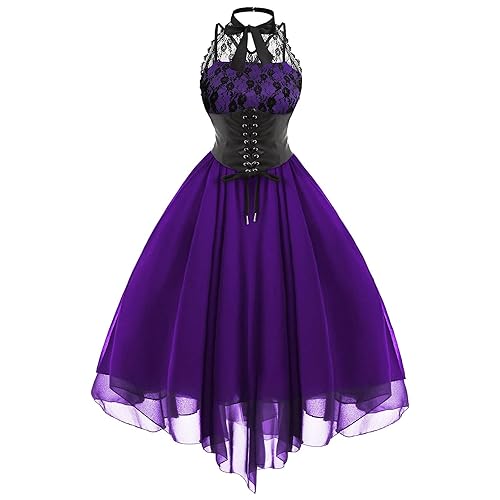 GOLDSTITCH Women's Sleeveless Gothic Lace Dress with Corset Halter Lace Swing Cocktail Dress - XX-Large - Purple