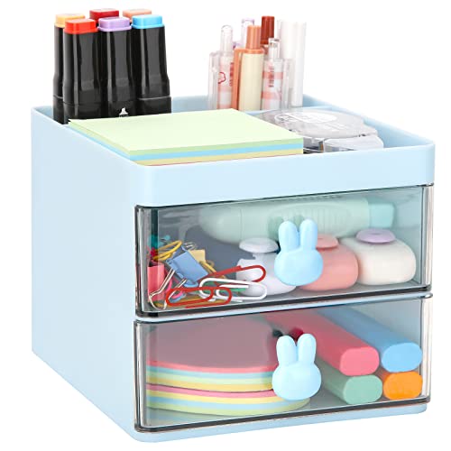 LETURE Small Desk Organizer With Drawer, Office Desktop Storage Box, Business Card/Pen/Pencil/Mobile Phone/Stationery Holder Storage Box, Makeup Organizer for Office School Home (Blue) - Blue