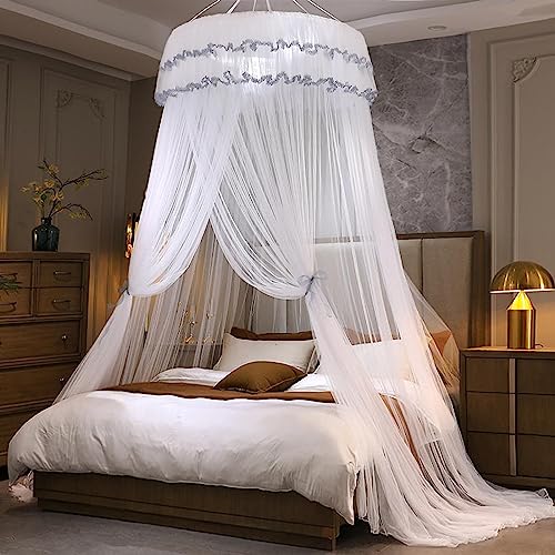Kertnic Mosquito Net Bed Canopy for Girls, Princess Canopy Bed Curtain Fine Sheer Mesh Dome Bed Canopies, Kids & Adults Lace Tent for Twin Full Queen King Bed (White) - White