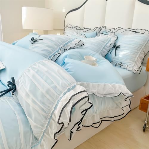 IHOUSTRIY Duvet Cover Full Size, Ruffle Beddding Set with Bowtie, 3 Pieces Comforter Cover Set with Zipper Closure, Girl Bedding with Pillowcase - Light Blue, Full, Comforter Not Included - Light Blue - Full