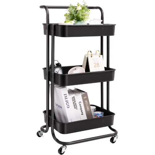 danpinera 3 Tier Rolling Utility Cart, Coffee Bar Cart with Hooks & Handle Storage Organization Shelves Service Cart Trolley for Kitchen, Bathroom, Office, Workshop, Black - Black