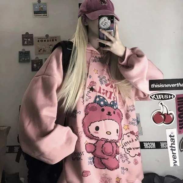 Hoodie Japan Style Kawaii Harajuku Anime Rosa Loose Streetwear Pullover Langarm Sweatshirt Modetrend Übergroß Herbst Winter