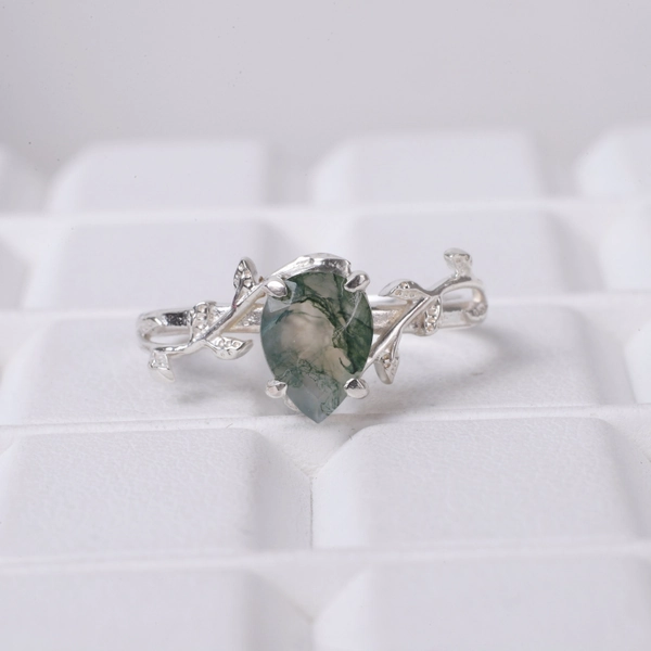 Moss Agate Ring Engagement Ring Leaf Ring Vintage & Delicate Ring Pear Shaped 925 Sterling Silver Engagement Branch Ring Stackable Ring