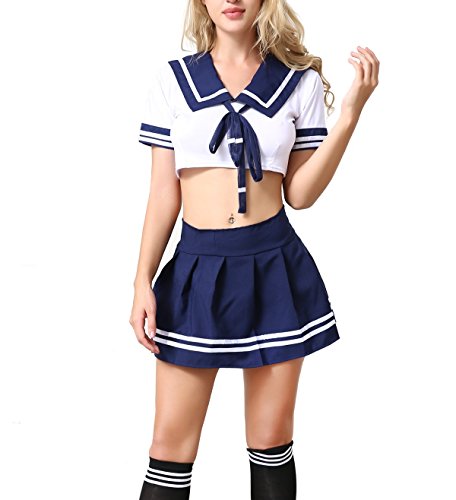 ANJAYLIA Women Lingerie Schoolgirls Outfit Lingerie Roleplay Cosplay Sailor Costumes with Socks - Blue