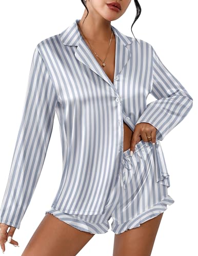Ekouaer Womens Satin Pajama Sets Long Sleeve Top and Shorts Lounge Set Button Down Sleepwear - Small - Striped Grey Blue