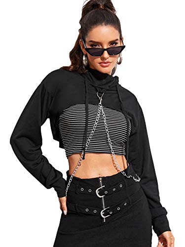 SweatyRocks Women's Solid Black Long Sleeve Pullover Crop Top Hoodie - Medium - 1-black