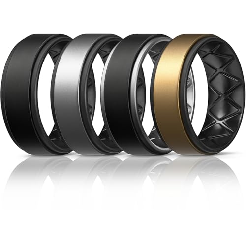 Egnaro Silicone Rings for Men 1/4/5/6/7 Multipack of Breathable Mens Silicone Rubber Wedding Rings Bands - Step Edge - SETA-Black Black,Dark Silver Black,Black Dark Silver,Bronze Black - 9-9.5(18.9mm)