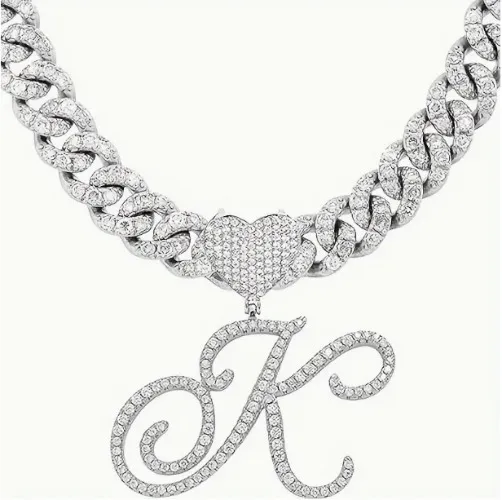 1 Piece Initial Necklace Men Women Silvery Cuban Chain Ice Rhinestone With Heart Shaped Letter Pendant Necklace Hip Hop Jewelry Gift