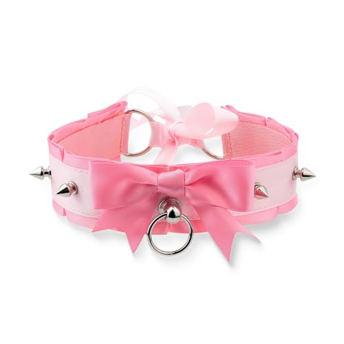 ADEMISHIA Pink Ribbon Bow O-ring Choker Collar For Women, Pastel Gothic Style Adjustable Jewelry Spiked Choker Necklace - PINK