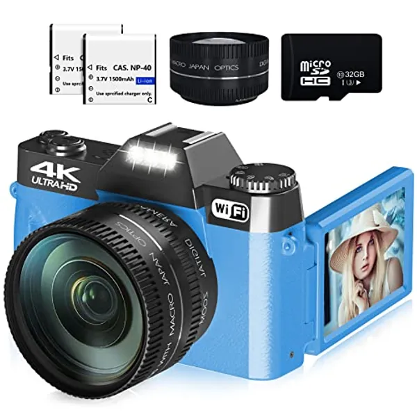 Digital Camera for Photography, 4K 48MP Vlogging Camera for YouTube with WiFi, 3-inch 180-degree Flip Screen, 16X Digital Zoom, 52mm Wide Angle & Macro Lens, 32GB TF Card and 2 Batteries(Blue)