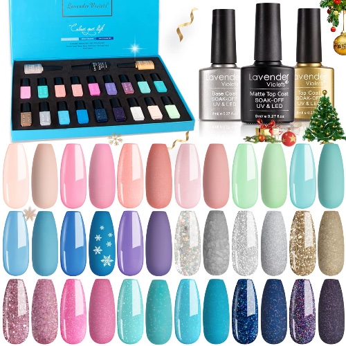 Lavender Violets 21 Pcs Gel Nail Polish Nail Gel Varnish Gift Set Soak Off UV LED Starter Kit Base,Glossy n Matte Top Coat Bright n Fashion Nude Pink Blue Diamond Sliver 18 Gel Colours F986