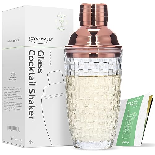 Glass Cocktail Shaker Kit - JOYCEMALL 13 Ounce Martini Mocktail Making Set - with Leakproof Metallic Steel Lid & Strainer - for Home Use & Bar Cart (Rosegold) - Rosegold