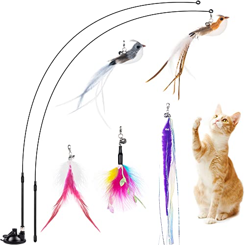 JXFUKAL Cat Feather Toys, Interactive Cat Toy with Super Suction Cup, 2PCS Springy Cat Wand & 5PCS Teaser Refills Replacement with Bells, Kitty Kitten Toys Cat Spring String Toy Cat Accessories - Set A