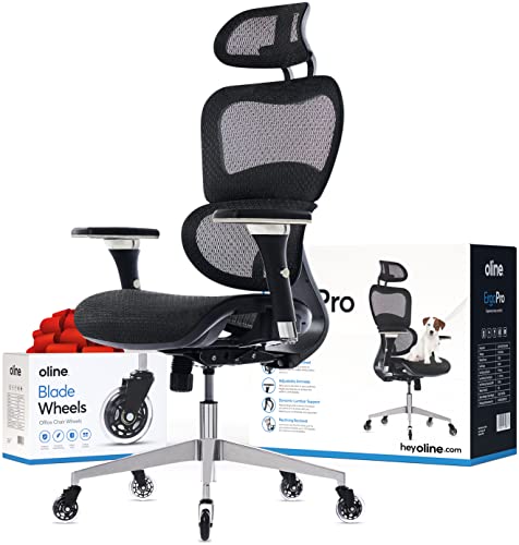 Oline ErgoPro Ergonomic Office Chair with Reclining Backrest, Adjustable Headrest, Lumbar Support, Breathable Mesh, Gas Lift, and Blade Wheels, Black - Black