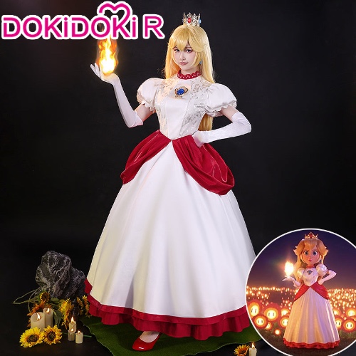 【Size S-3XL】DokiDoki-R Movie Mario Cosplay Princess Peach Cosplay Costume White Fire Flower | S-PRESALE