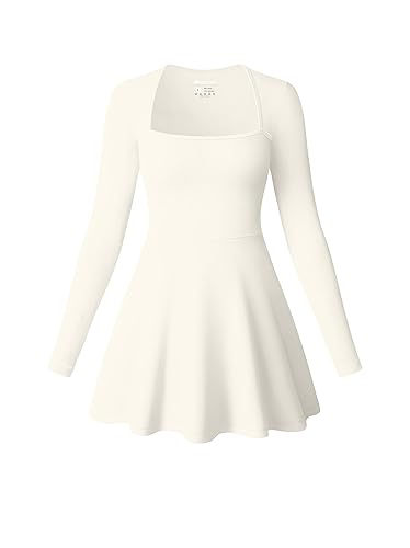 OQQ Women Long Sleeve Dresses Square Neck Casual Party Club A-Line Mini Dress - Beige - Small