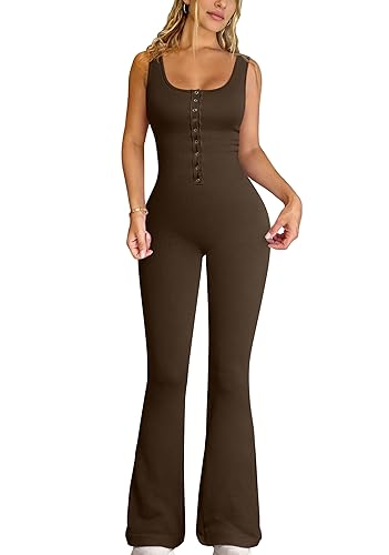 OQQ Jumpsuits For Women Ribbed Square Neck Sleeveless Sexy Stretch Flare Jumpsuits - Darkbrown - Small