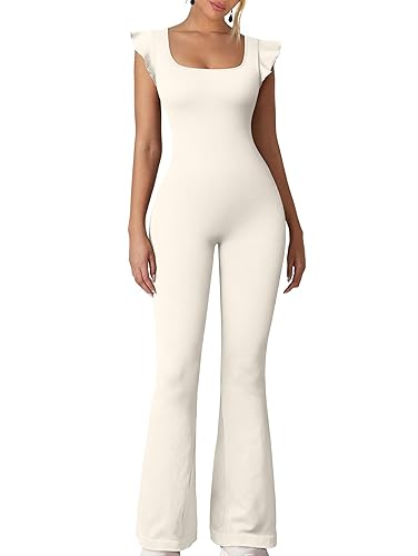 OQQ Womens Jumpsuits Ruffles Sleeveless Square Neck Bell Bottoms Flare Long Pants Fashion Clothes - Beige - Small