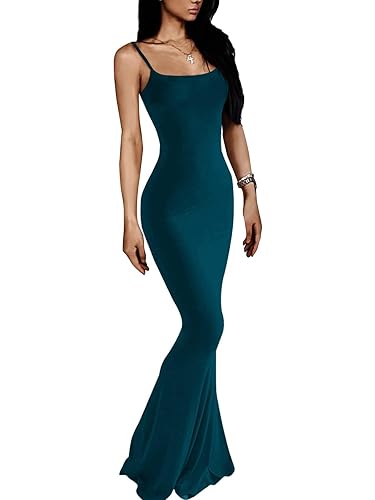 VIUTIL Women's Maxi Bodycon Dress Sexy Spaghetti Strap Sleeveless Tight Slip Long Dresses 2023 - Peacock Blue - Small