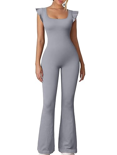 OQQ Womens Jumpsuits Ruffles Sleeveless Square Neck Bell Bottoms Flare Long Pants Fashion Clothes - Grey - Small