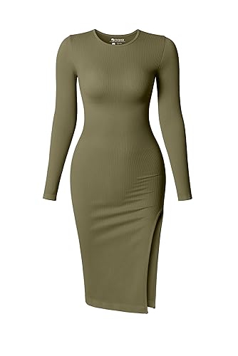 OQQ Women's Dresses Long Sleeve Crew Neck Sexy Ribbed Bodycon Split Midi Dress - Sauerkraut - Small
