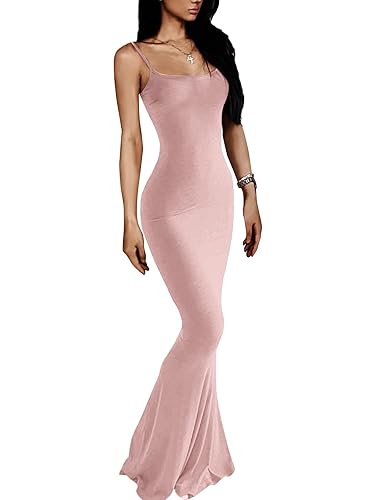 VIUTIL Women's Maxi Bodycon Dress Sexy Spaghetti Strap Sleeveless Tight Slip Long Dresses 2023 - Blush Pink - Small