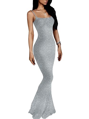 VIUTIL Women's Maxi Bodycon Dress Sexy Spaghetti Strap Sleeveless Tight Slip Long Dresses 2023 - Grey - Small