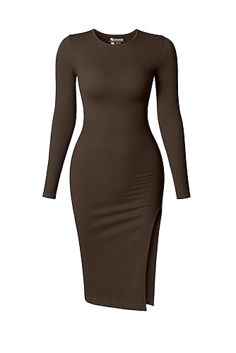 OQQ Women's Dresses Long Sleeve Crew Neck Sexy Ribbed Bodycon Split Midi Dress - Darkbrown - Small