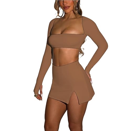 Azhong Women’s 2 Piece Set Long Sleeve Square Neck Crop Top Bodycon Mini Club Party Skirt Set - Small - Brown