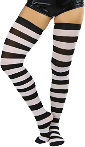 ToBeInStyle Women’s Vibrant Horizontal Wide Striped Thigh High Stockings - One Size - Black W/ White Stripes