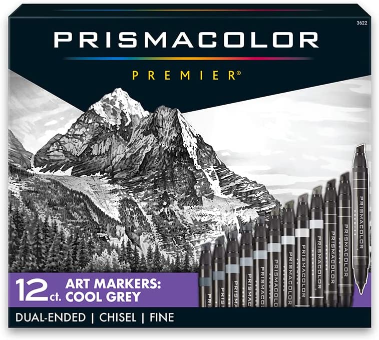 Prismacolor 3622 Premier Double-Ended Art Markers, Fine and Chisel Tip, Cool Grey, 12-Count - Cool Grey