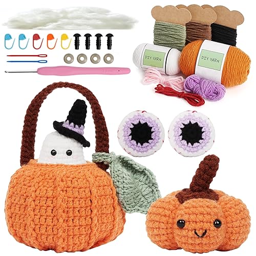 yazi Halloween Crochet Kit for Beginners,Crochet Starters Kits DIY Crochet Ghost Princess Kit Knitting kit Supplies,Ghosts, Candy Baskets,Pumpkins,Eyes, Halloween DIY Crafts with Tutorials - Halloween Kit
