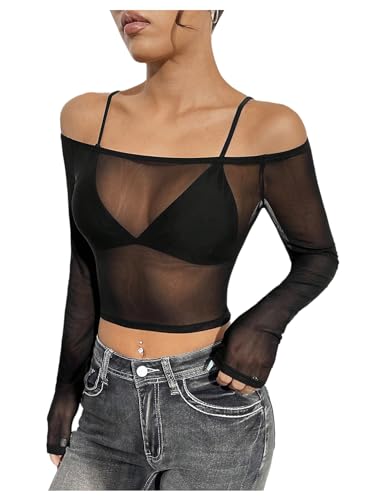 SHENHE Women's Off Shoulder Sheer Mesh Cropped Tee Long Sleeve Sexy Slim Fit Shirt Top - Large - Black