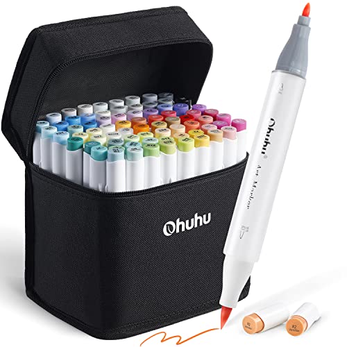Ohuhu Alcohol Markers Brush Tip - Double Tipped Art Marker Set for Artist Adults Coloring Illustration- 72 Colors- Alcohol-based Refillable Ink - Fine & Brush Dual Tips - Honolulu B of Ohuhu Markers