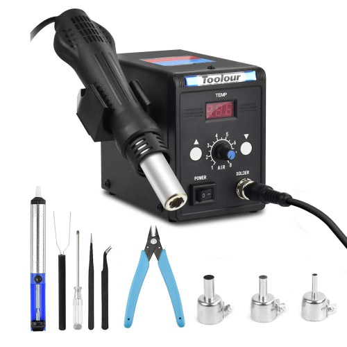 Hot Air Rework Station, Soldering Heat Gun, °F/°C Display, 110V SMD Hot Air Gun Temp. & Airflow Adjustable Desoldering Station for BGA IC Desoldering Tool - 