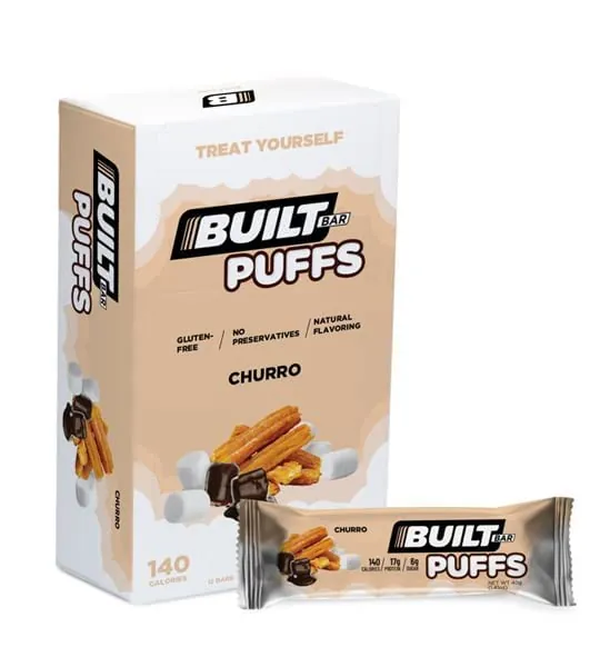 Built Bar 12 Pack High Protein and Energy Bars - Low Carb, Low Calorie, Low Sugar - Covered in 100% Real Chocolate - Delicious, Healthy Snack - Gluten Free (Churro Puff) - 