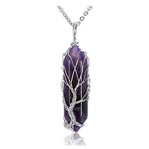 CrystalTears Natural Healing Crystal Stone Necklace Silver Tree Of Life Wire Wrapped Hexagonal Crystal Points Pendant Necklace Jewellry Mothers Day Gifts for Mum Women - amethyst