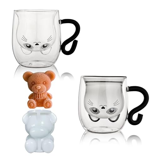 Cute Cat Mugs Set of 2 Cute Cat Tea Cup 8.5 oz Double Wall Glass Milk Coffee Cat Mug with Handle Insulated Espresso Beer Cup Cute Birthday Gifts for Women Men Valentine's Day (2 Pack, Black White) - Black+ White Cat
