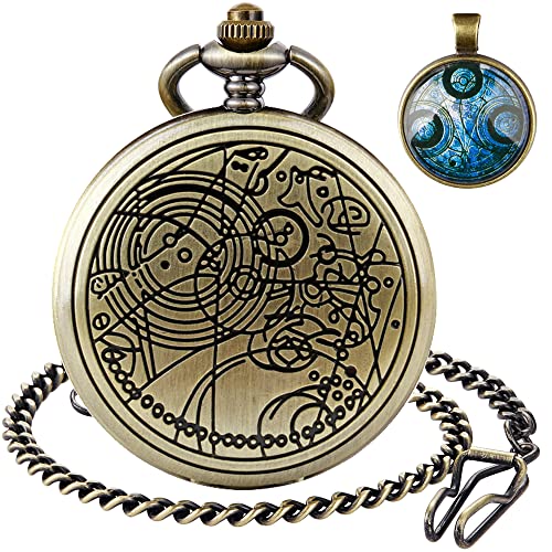 Tiong Doctor Who Pocket Watch with Bronze Case Quartz Full Hunter White Dial and Chain Mens Retro Dr Who Necklace Pendant - Style 08