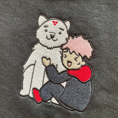 Dog + Pink boy Chibi Handmade Embroidered Graphic Apparel | M / Crewneck Sweatshirt