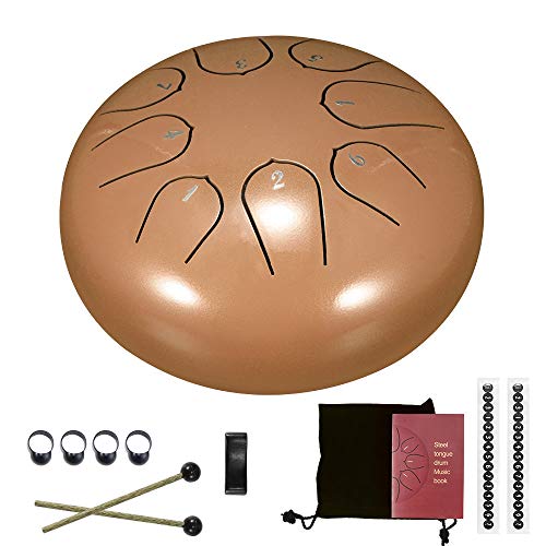 DeeCozy Slit Drums, Steel Tongue Drum, 6 inches 8 Tone D Key, Handpan Drum with Drumsticks, Bag, Finger Cover, Percussion Instrument for Musical Education Concert Mind Healing Yoga Meditation (golden) - Golden