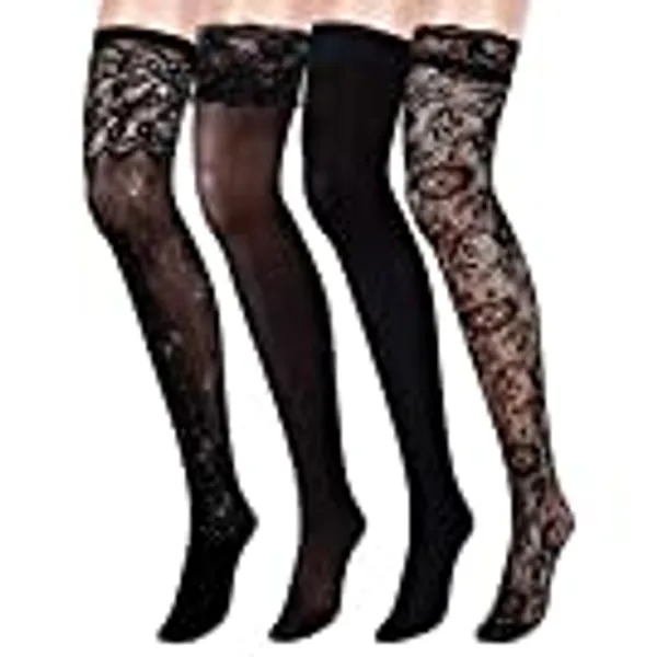 CHENGU 4 Pairs Woman's Black Lace Top Thigh-High Fishnet Stockings Silk Stockings (Multicolor 1)
