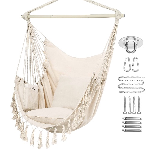 Y-STOP Hammock Chair Hanging Rope Swing, Max 330 Lbs, 2 Cushions Included, Large Macrame Hanging Chair with Pocket, Quality Cotton Weave for Superior Comfort, Durability, Beige - Beige