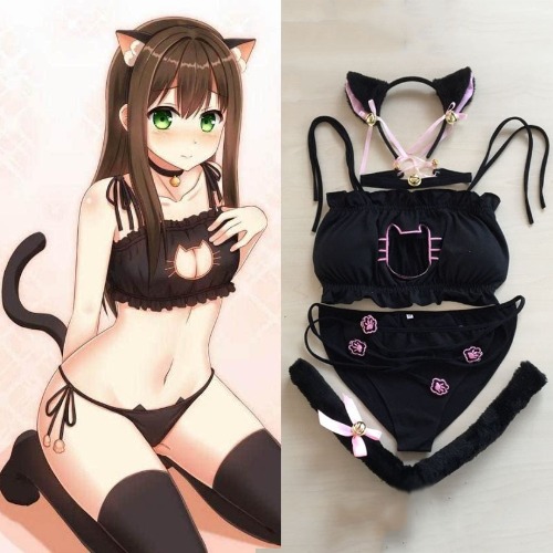9.9US $ |2020 Maid Cat Cosplay Sexy Lingerie Anime Miku Ruffle Hollow Kawaii Bra Strappy Briefs Set Neko Embroidery Footprints Ear/choker - Exotic Sets - AliExpress
