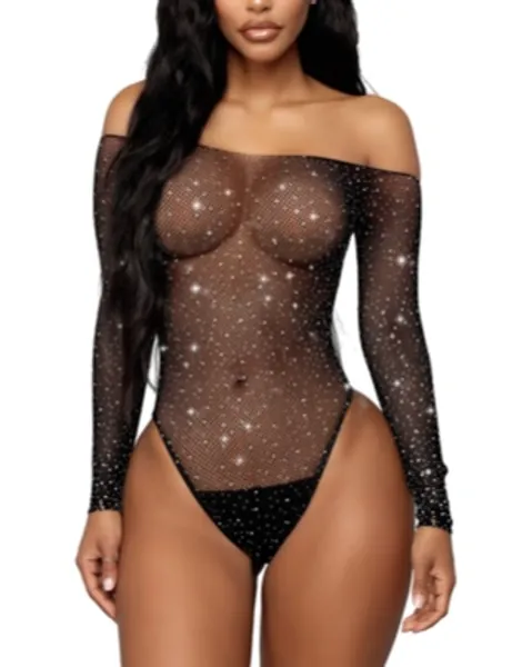 RSLOVE Women‘s Lingerie Fishnet Bodysuit See Through Sexy Long Sleeve One Piece Teddy