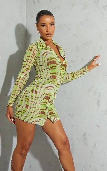 Lime Swirl Print Mesh Button Down Shirt Dress