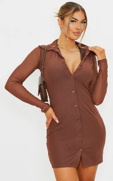 Chocolate Mesh Button Down Shirt Dress