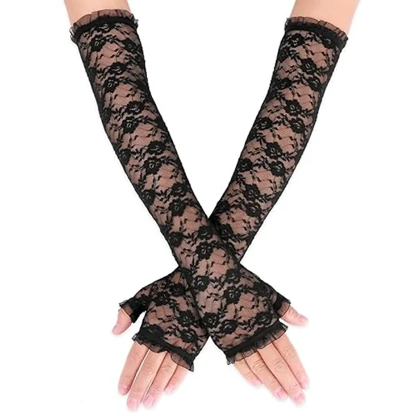 Women's Long Lace Fingerless Gloves Bridal Elbow Length Gloves Long Lace Floral Gloves for Wedding Opera Tea Party - Black