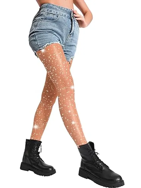 DancMolly Sexy Sparkly Fishnet Tights Ultra Durable Rhinestone Mesh Stockings High Waist Glitter Party Concert Outfit - Medium-X-Large - Nude - Small Hole - 1 Pair